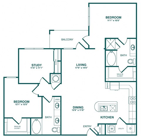 Floor plan for 2 beds, 2 baths, 1403 sqft